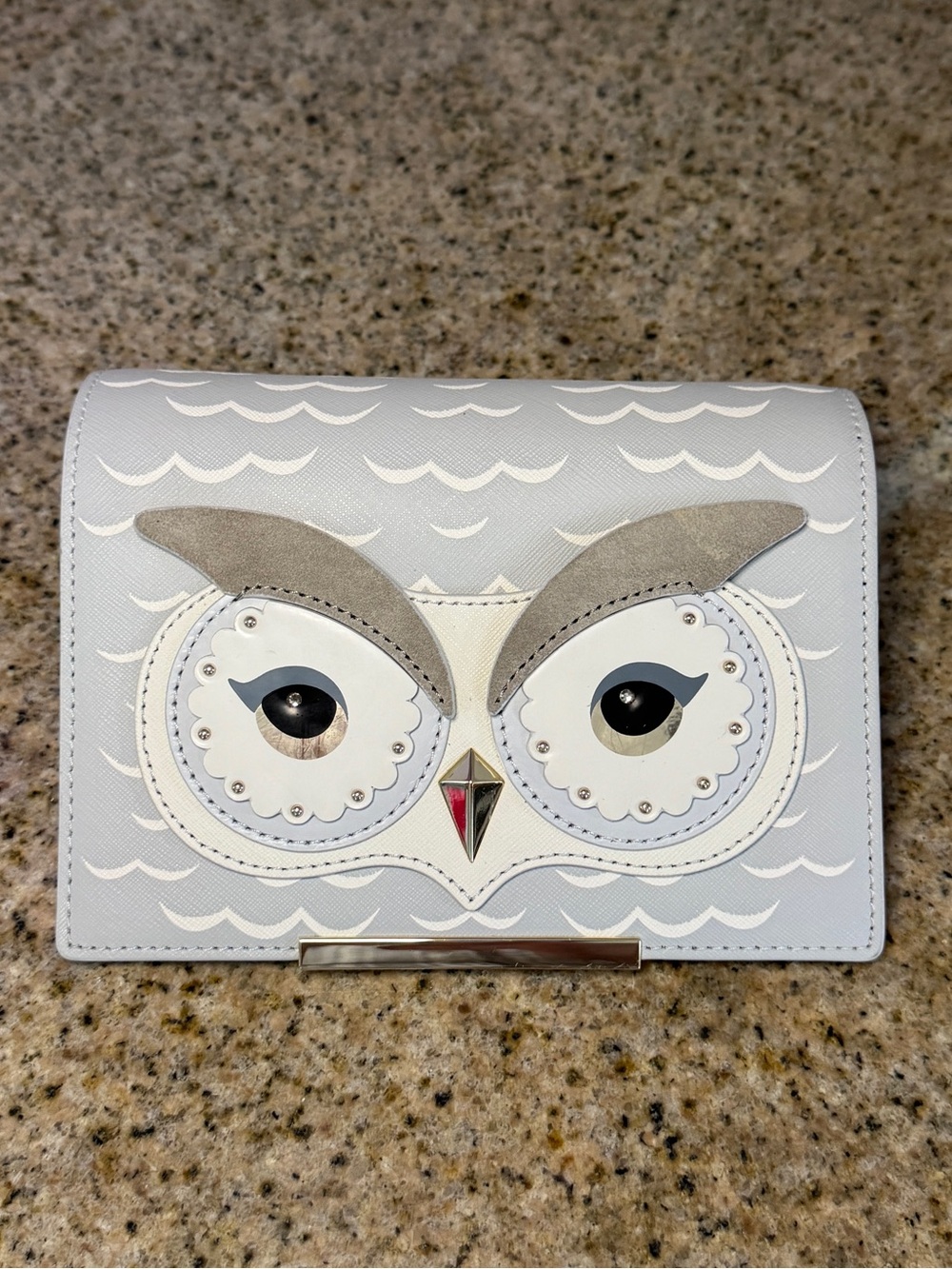Kate Spade Make It Mine Flap Gray Blue Owl Leather silver embellished